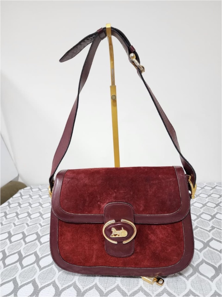 Authentic Celine Vintage Sulky Suede Carriage Shoulder Bag Burgundy